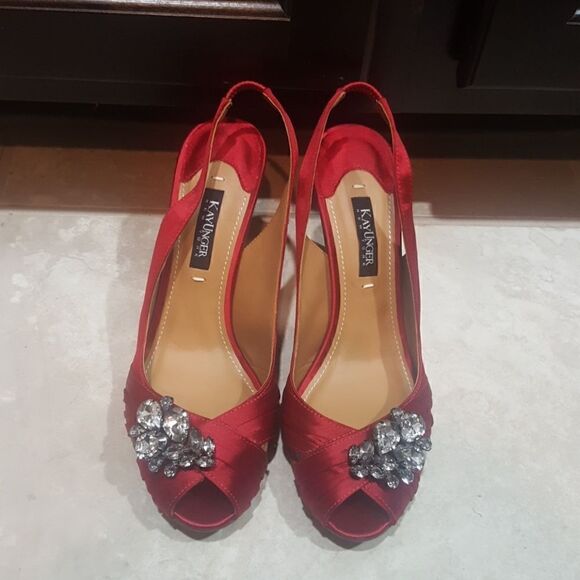KAY UNGER Red Satin Sling Heels BLING - Size 7M - Picture 2 of 7